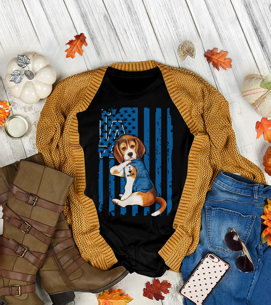 Beagle Wearing Los Angeles Dodgers Shirt with Tattoo I Love Mom T-Shirt
