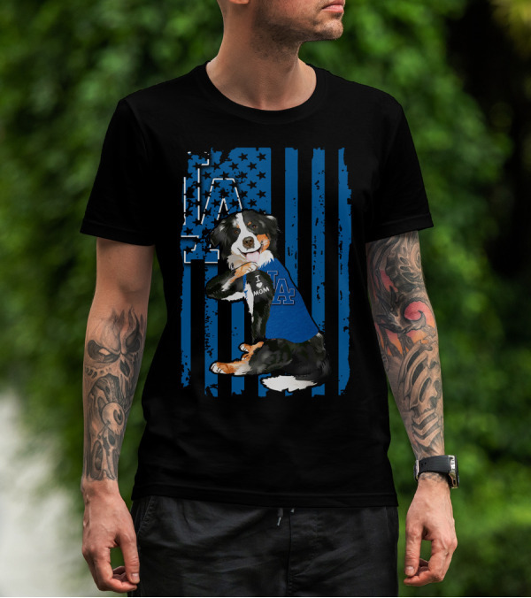 Border Collie I Love Mom Los Angeles Dodgers Blue Flag T-Shirt