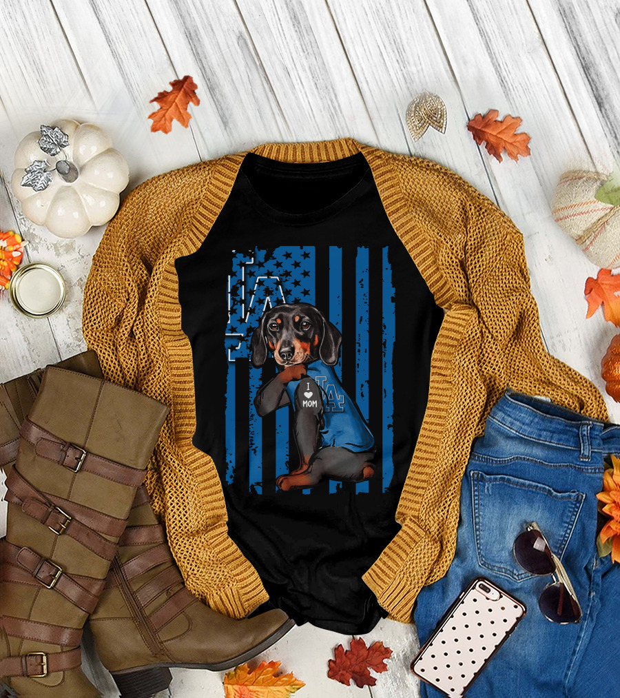 Dachshund I Love Mom LA Dodgers American Flag T-Shirt
