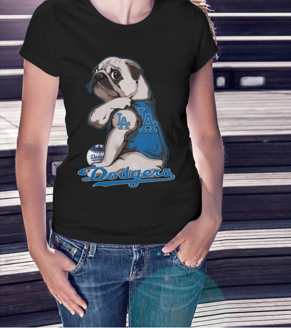 Pug Los Angeles Dodgers Mascot With Baseball And LA Insignia T-Shirt