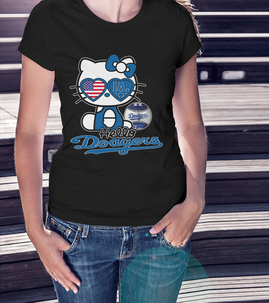 Hello Kitty Dodgers Los Angeles Baseball Heart USA Flag T-Shirt