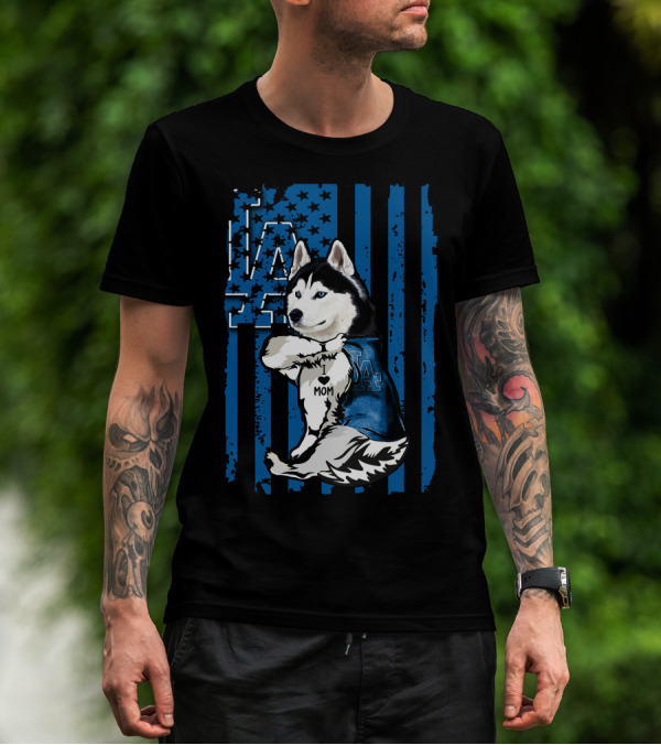 Siberian Husky LA Dodgers Blue American Flag Mom Tattoo T-Shirt