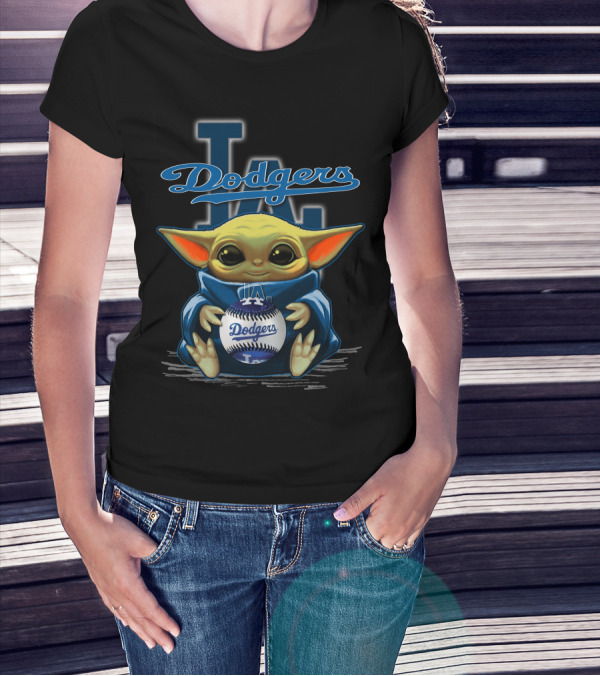Yoda Holding Dodgers Baseball With Los Angeles Dodgers Logo Background T-Shirt