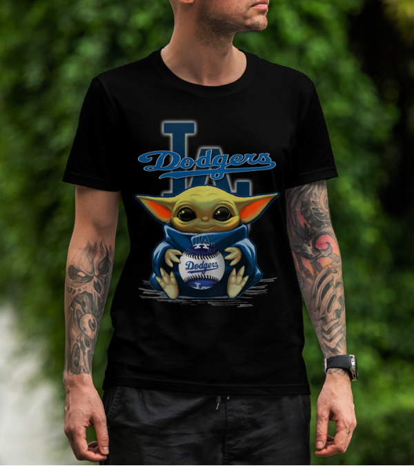 Yoda Holding Dodgers Baseball With Los Angeles Dodgers Logo Background T-Shirt
