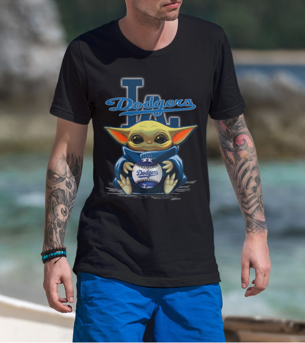 Yoda Holding Dodgers Baseball With Los Angeles Dodgers Logo Background T-Shirt