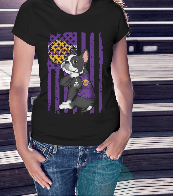 Boston Terrier I Love Mom Los Angeles Lakers Basketball T-Shirt