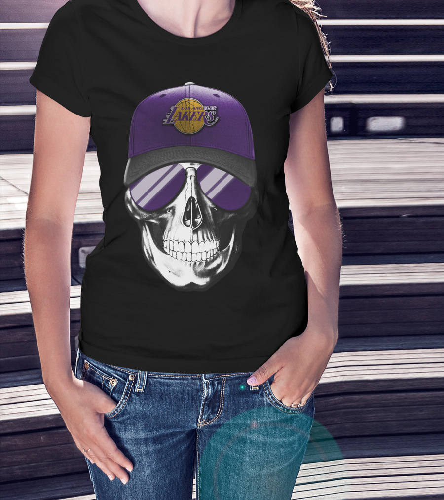 Los Angeles Lakers Skull With Purple Hat And Sunglasses T-Shirt