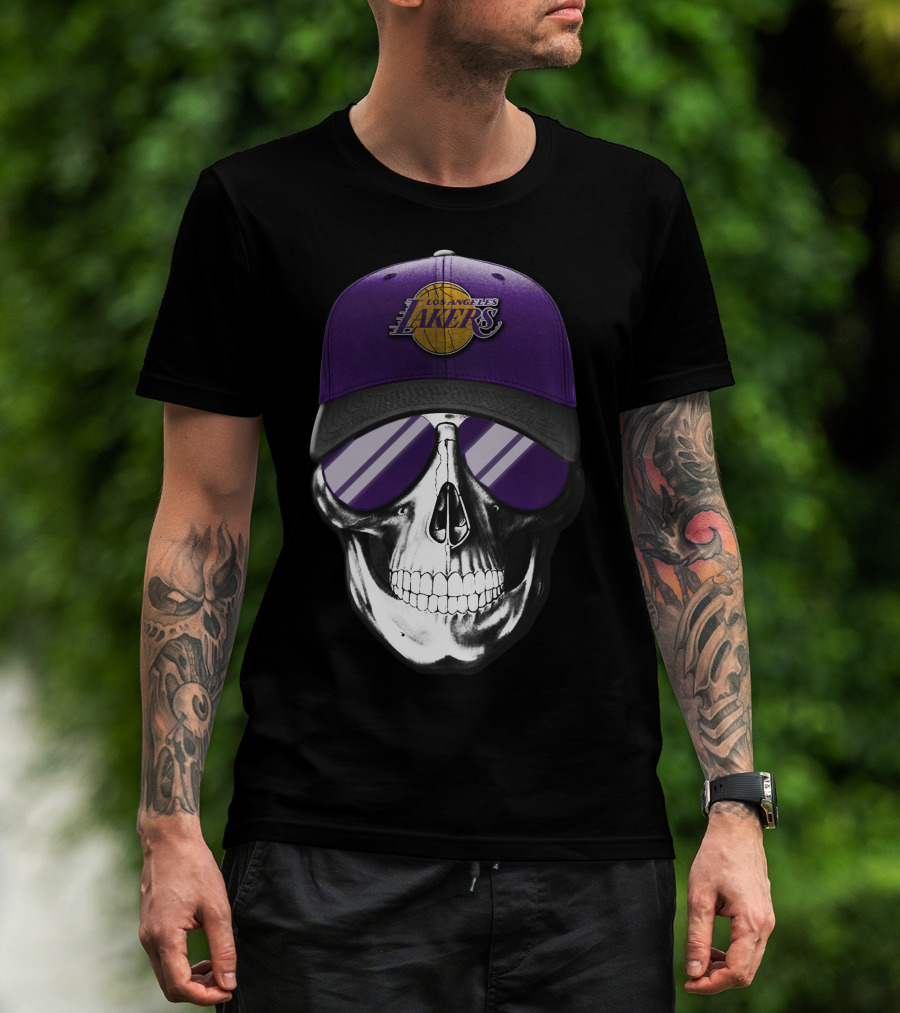 Los Angeles Lakers Skull With Purple Hat And Sunglasses T-Shirt