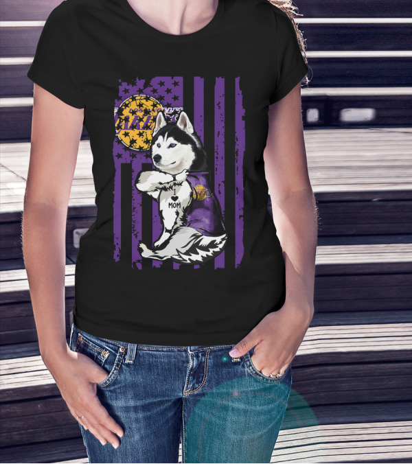 Siberian Husky Mom Los Angeles Lakers Fan With Purple American Flag Background T-Shirt