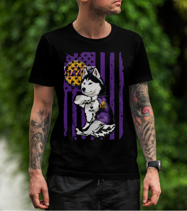 Siberian Husky Mom Los Angeles Lakers Fan With Purple American Flag Background T-Shirt