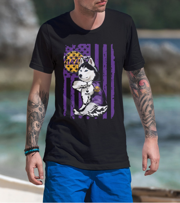 Siberian Husky Mom Los Angeles Lakers Fan With Purple American Flag Background T-Shirt