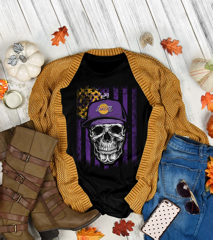 Los Angeles Lakers Skull Cap Bold Gothic T-Shirt
