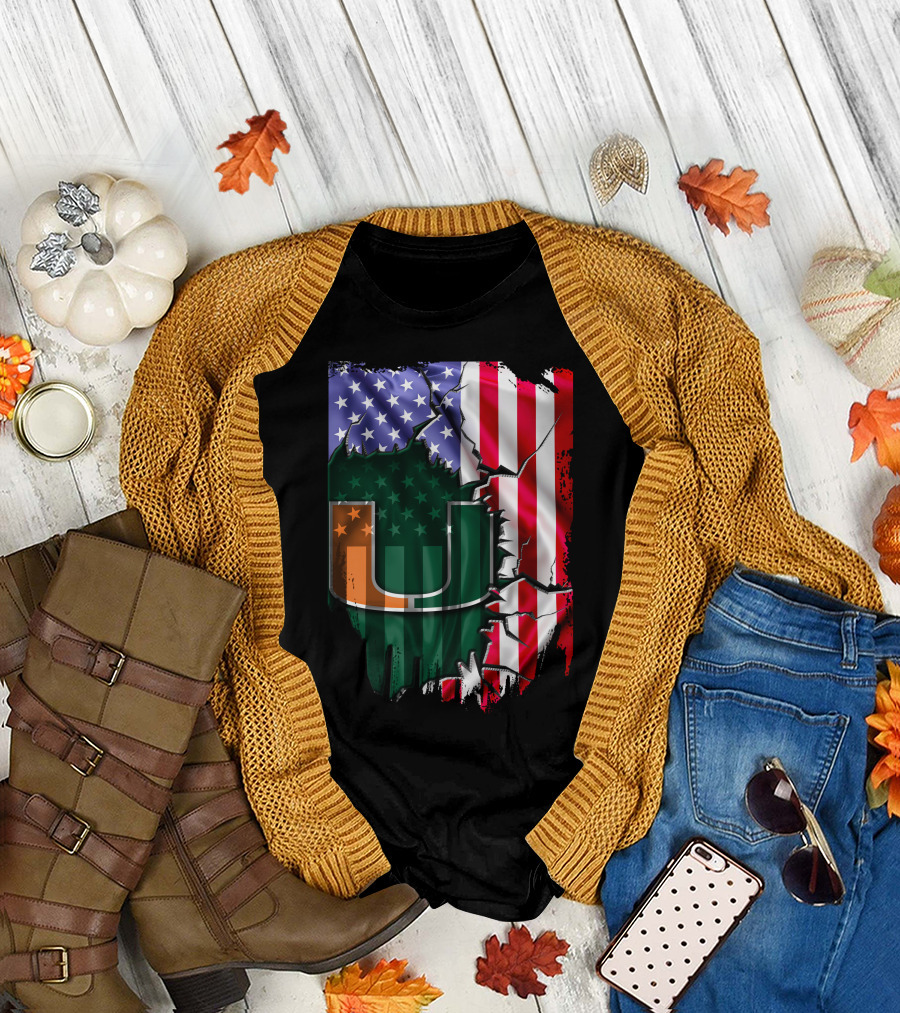 Flag Miami Hurricanes University U Patriotic USA Flag T-Shirt