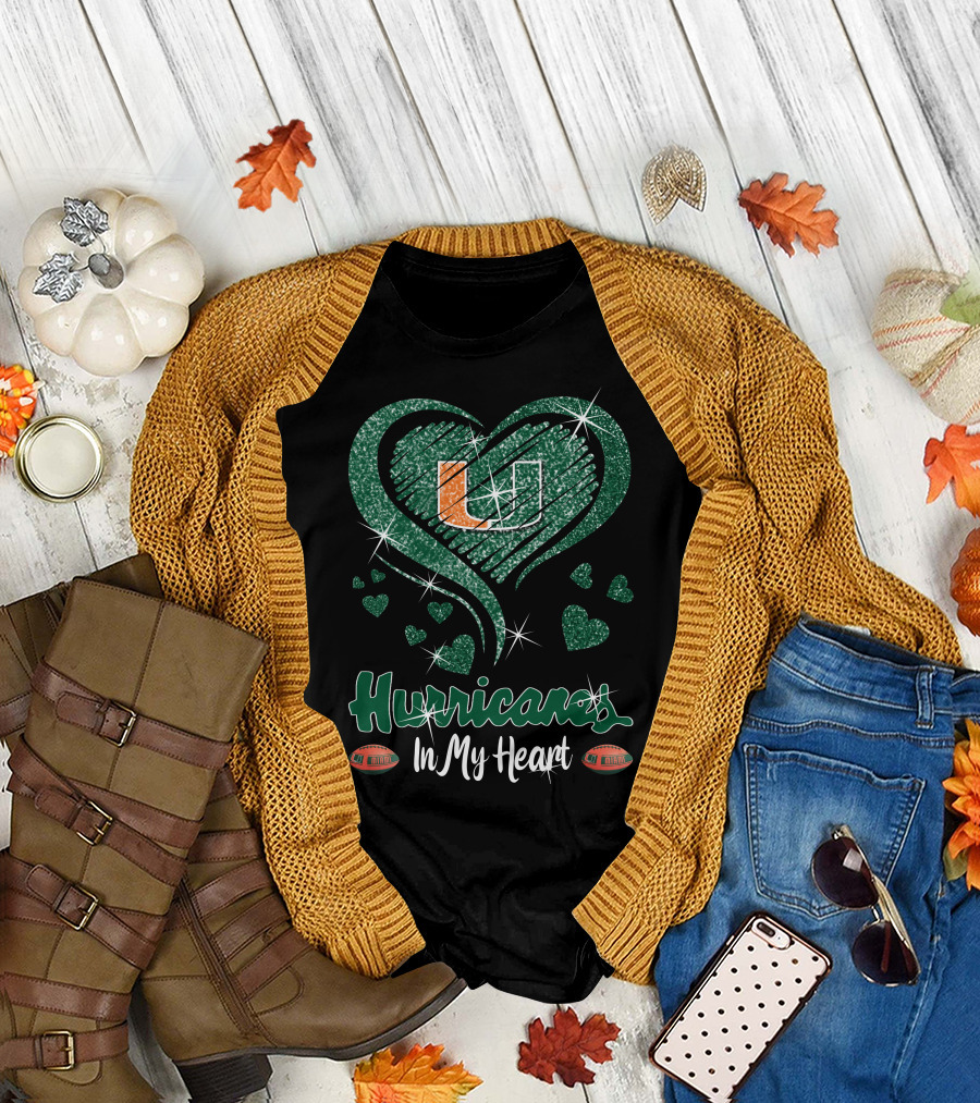 Hurricanes In My Heart Miami U Logo Football Sparkle Hearts T-Shirt