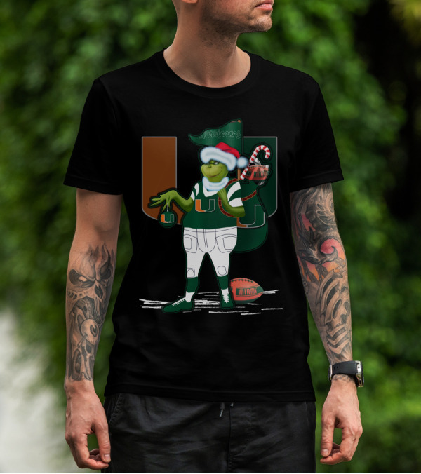 Grinchxmas Miami Hurricanes Festive Football Santa Grinch With Logo And Candy Cane Sack T-Shirt