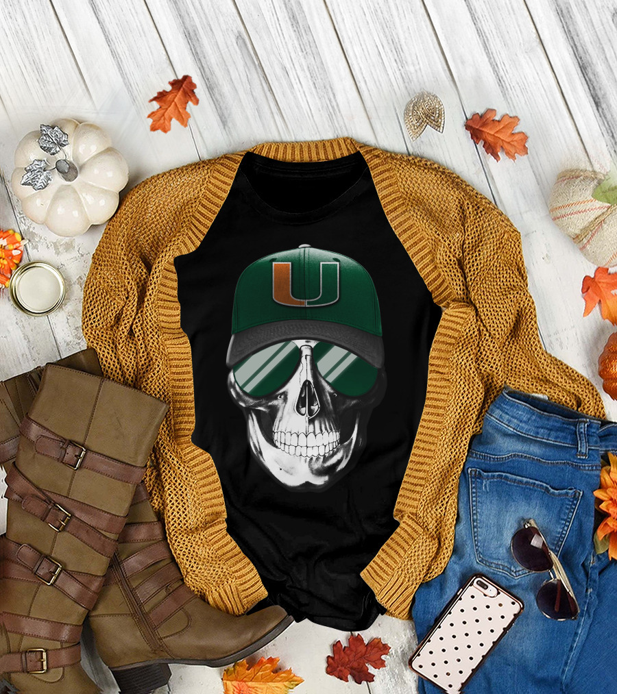 Miami Hurricanes Skull Cap with Reflective Sunglasses T-Shirt