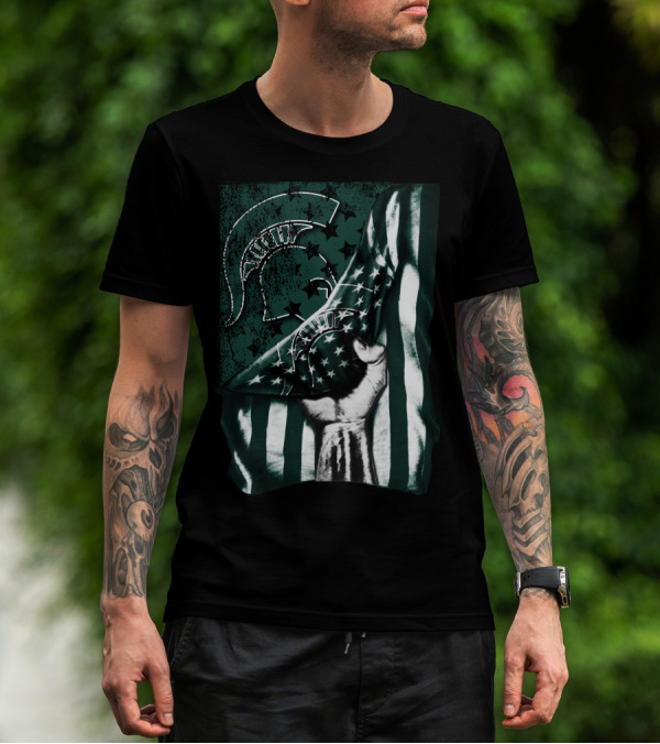 Michigan State Spartans Flag Spartan Helmet Stars Green White T-Shirt
