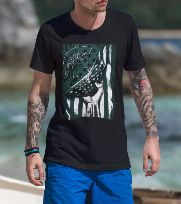 Michigan State Spartans Flag Spartan Helmet Stars Green White T-Shirt