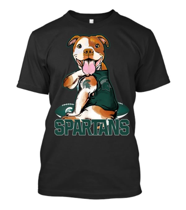 Spartans Pitbull Wearing Michigan State Logo With Football T-Shirt