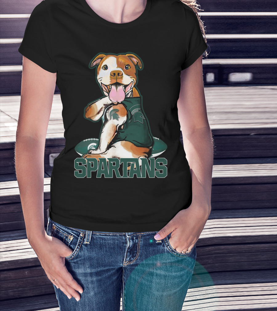 Spartans Pitbull Wearing Michigan State Logo With Football T-Shirt