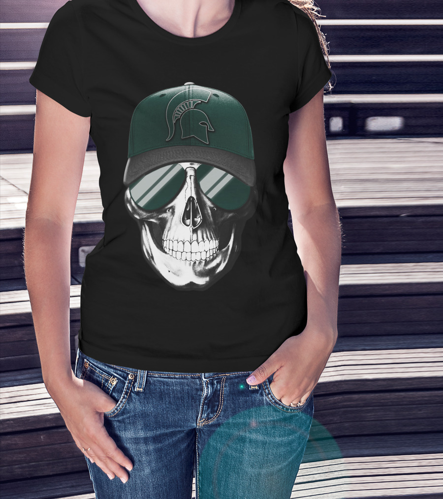 Skull With Hat Featuring Michigan State Spartans Helmet T-Shirt