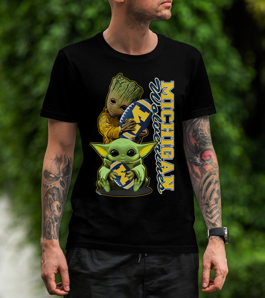 Michigan Wolverines Grogu And Groot Football T-Shirt