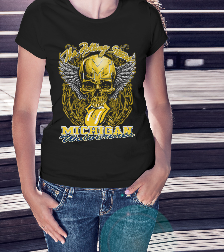 The Rolling Stones Michigan Wolverines Skull With Winged Helmet And Classic Tongue T-Shirt