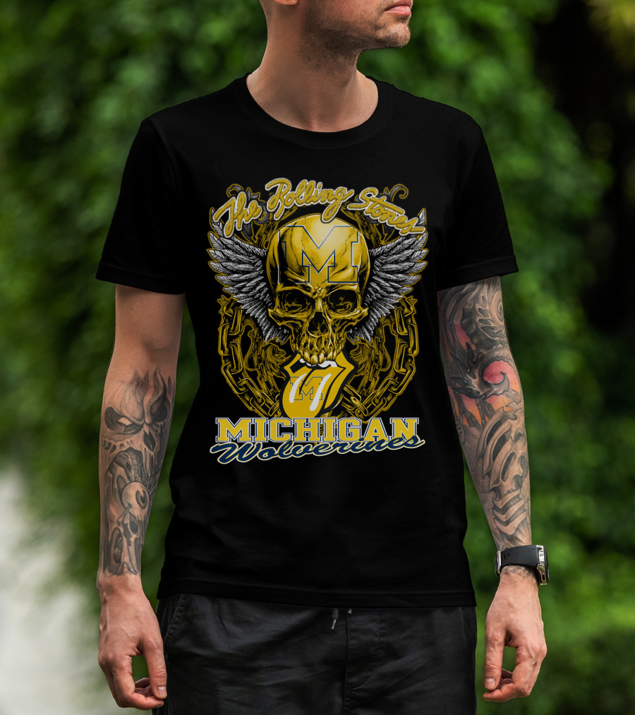 The Rolling Stones Michigan Wolverines Skull With Winged Helmet And Classic Tongue T-Shirt