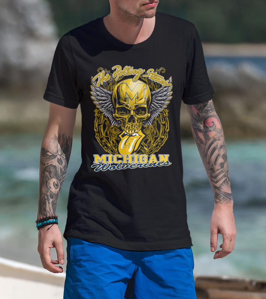 The Rolling Stones Michigan Wolverines Skull With Winged Helmet And Classic Tongue T-Shirt