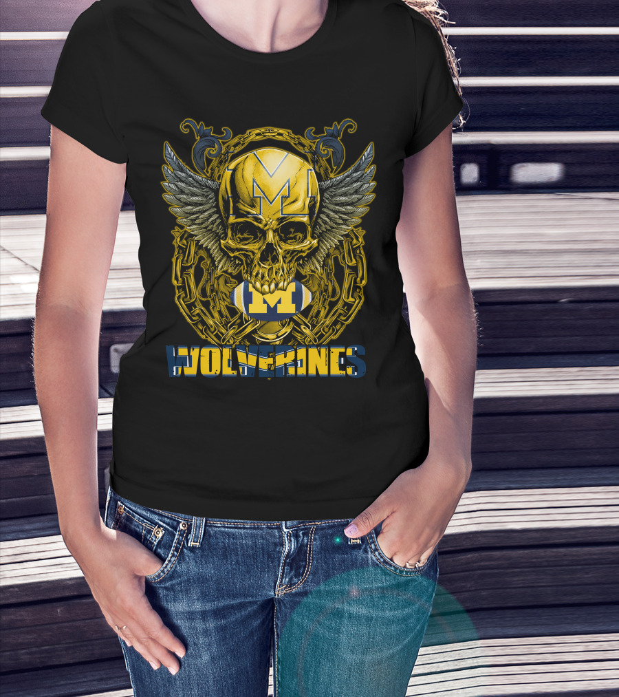 Skullfb Wolverines M Winged Skull And Football Michigan T-Shirt