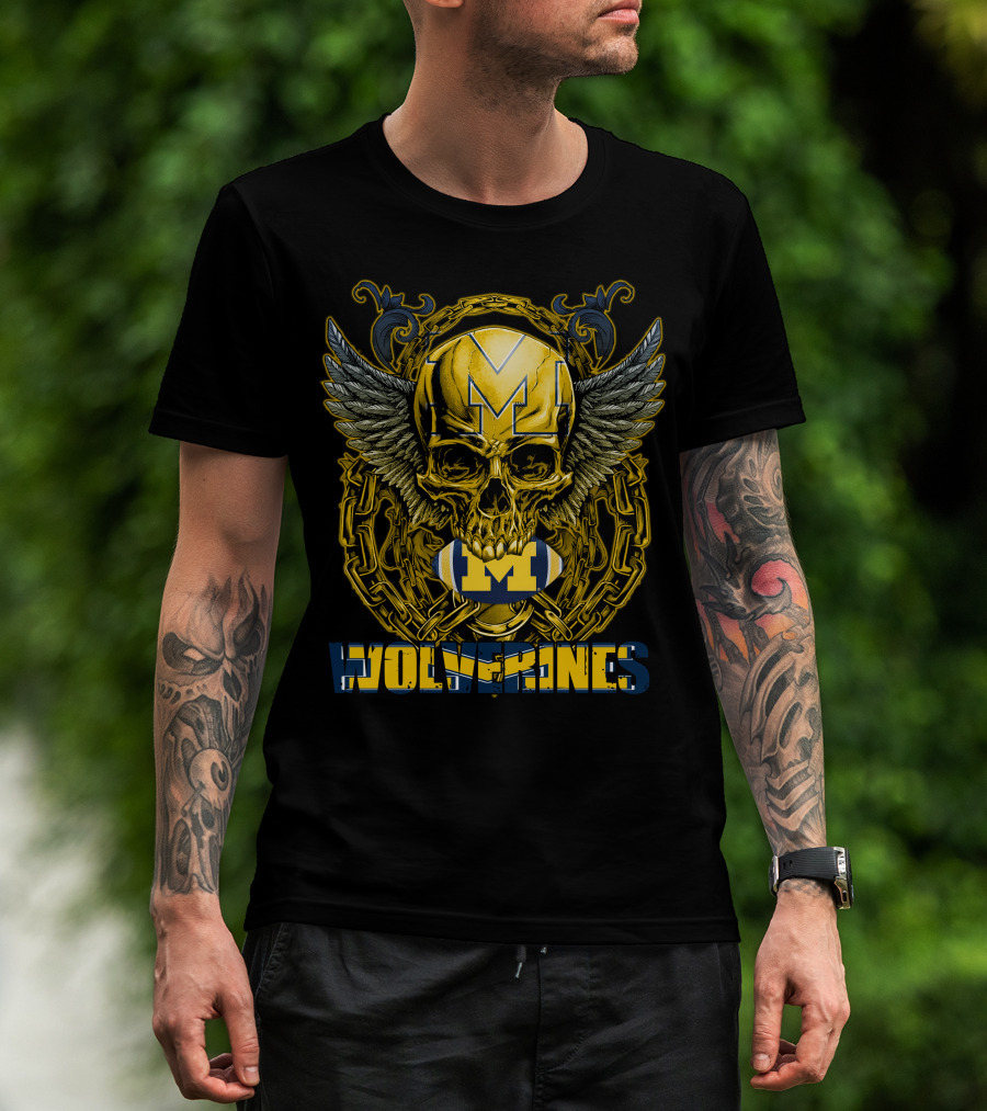 Skullfb Wolverines M Winged Skull And Football Michigan T-Shirt