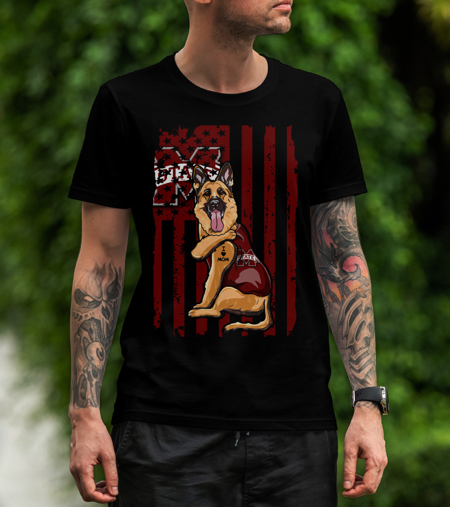 German Shepherd Mississippi State Bulldogs Flag I Love Mom T-Shirt