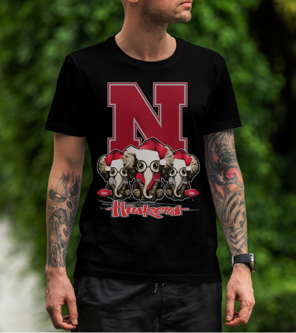 Elephan Xmas Nebraska Huskers Santa Hat Trio T-Shirt