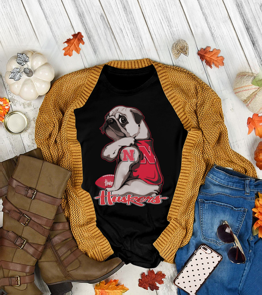 Pug Wearing Nebraska Cornhuskers Shirt and Football Huskers T-Shirt