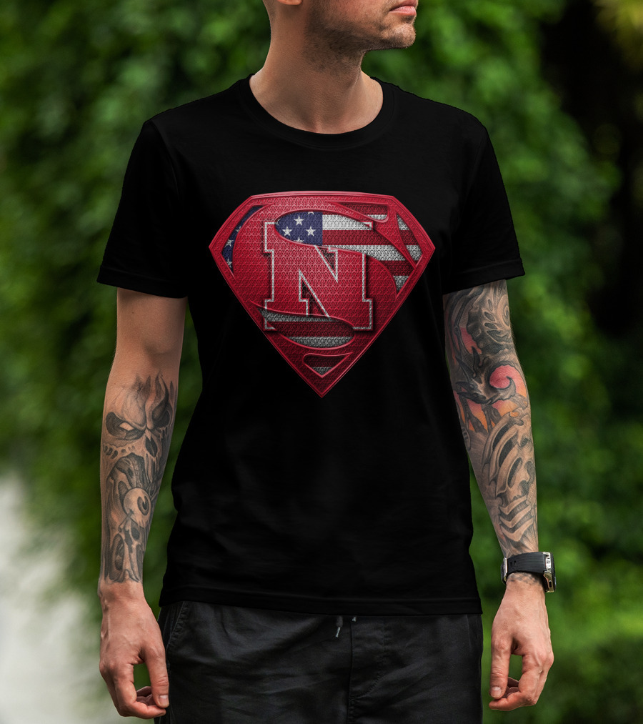 Superman Logo Style Nebraska Cornhuskers With American Flag Theme T-Shirt