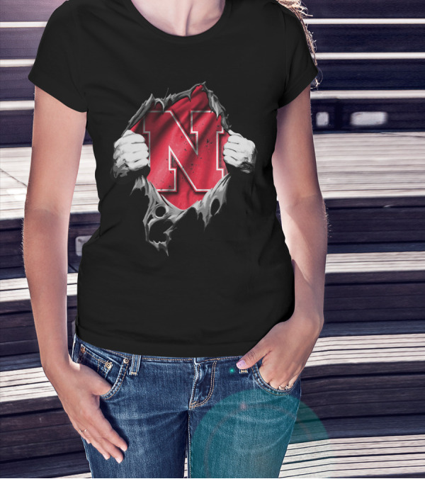 Torn Nebraska Huskers Bold N Emblem Peeking Through Ripped T-Shirt