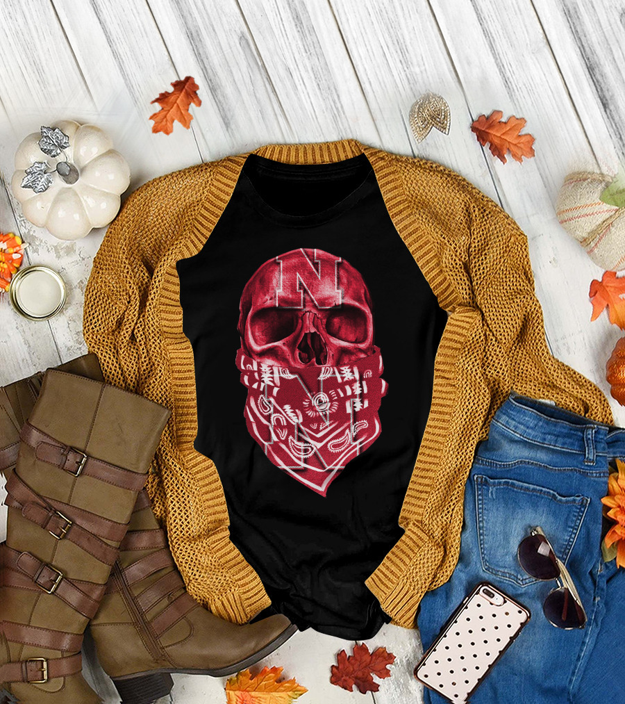 Nebraska Cornhuskers Skull with Red Bandana and N T-Shirt