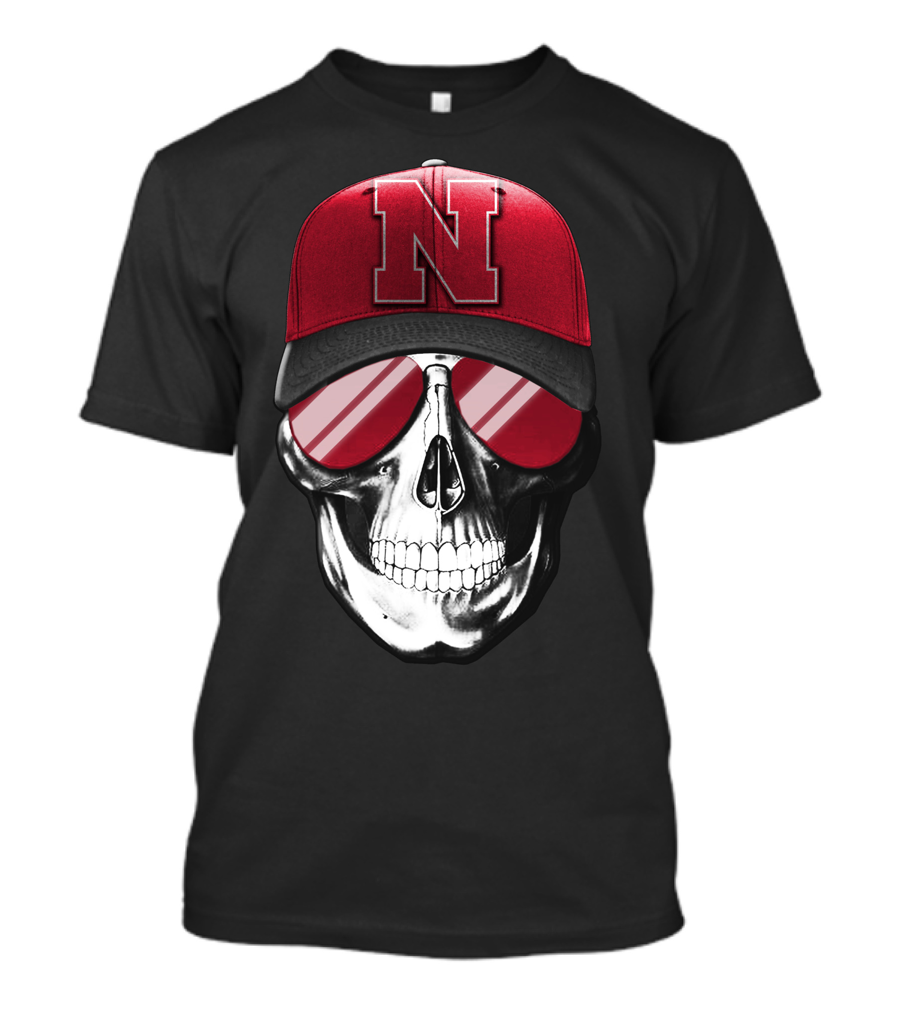 Skull Wearing Nebraska Cornhuskers Red N Cap With Sunglasses T-Shirt