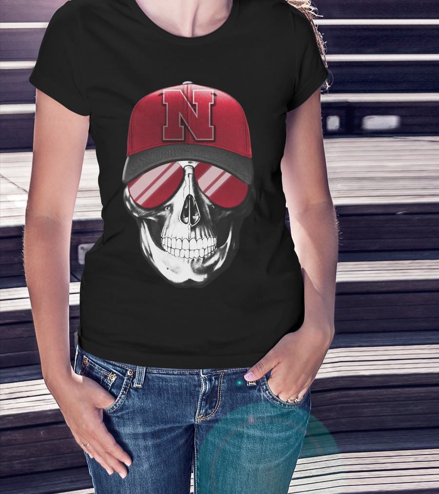 Skull Wearing Nebraska Cornhuskers Red N Cap With Sunglasses T-Shirt