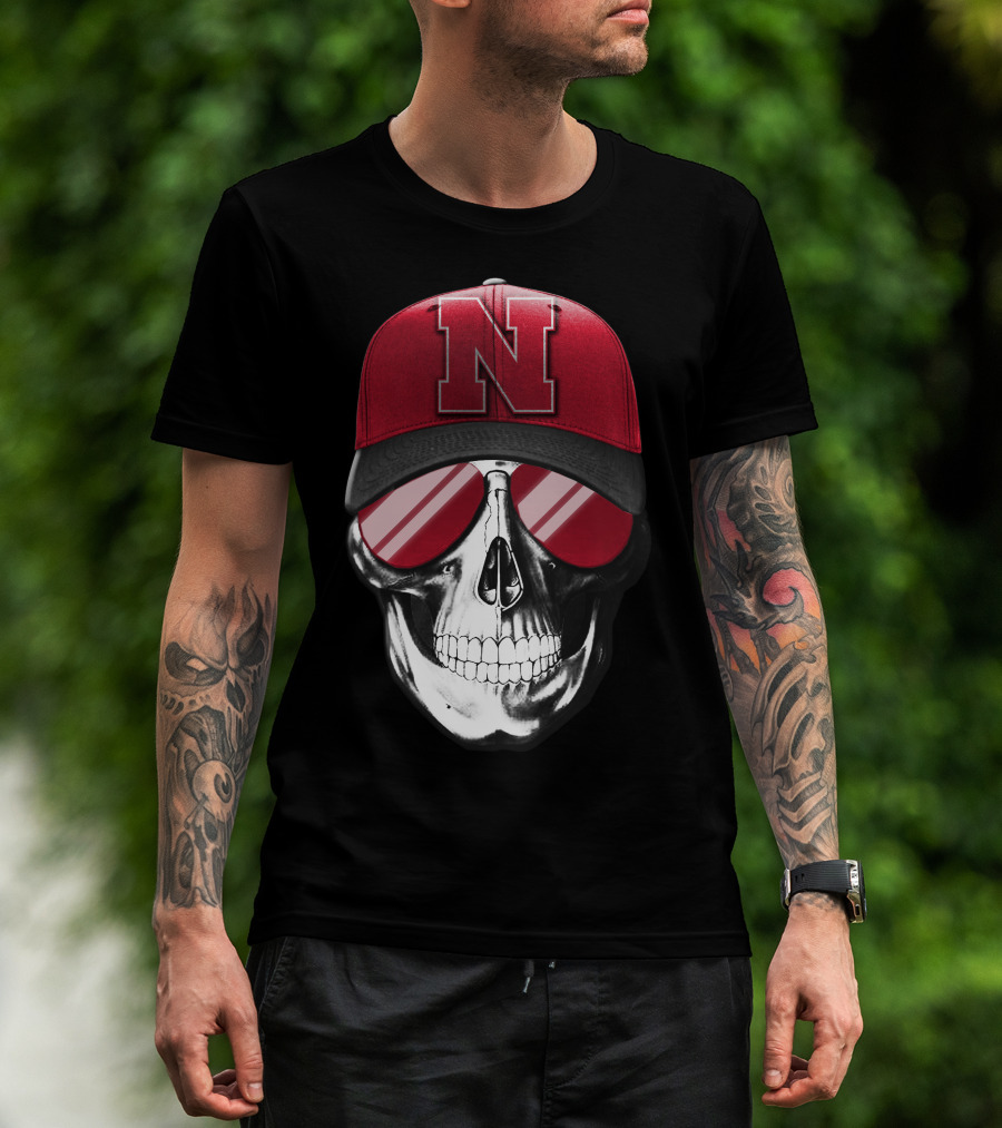 Skull Wearing Nebraska Cornhuskers Red N Cap With Sunglasses T-Shirt