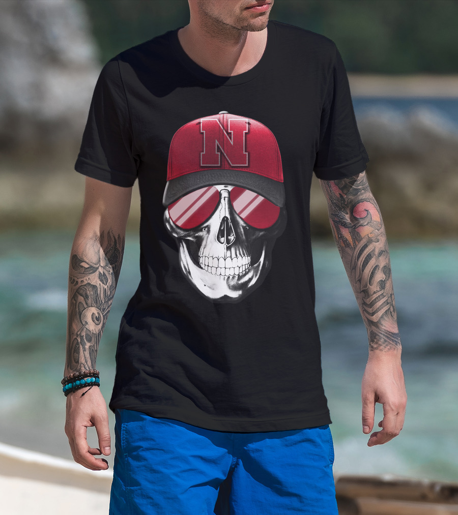 Skull Wearing Nebraska Cornhuskers Red N Cap With Sunglasses T-Shirt