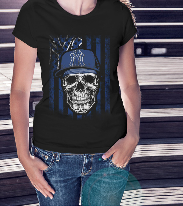 Skull Wearing New York Yankees Cap With Blue T-Shirt