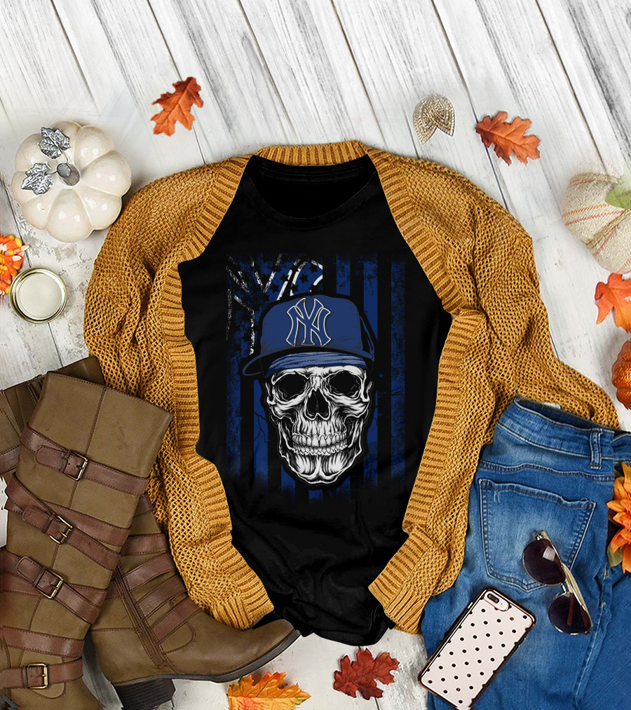 Skull Wearing New York Yankees Cap with Blue T-Shirt