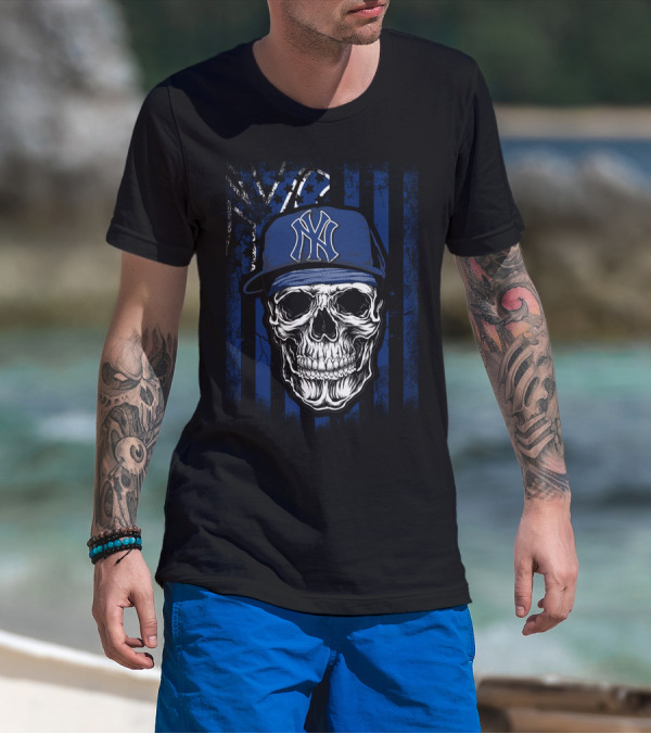 Skull Wearing New York Yankees Cap With Blue T-Shirt
