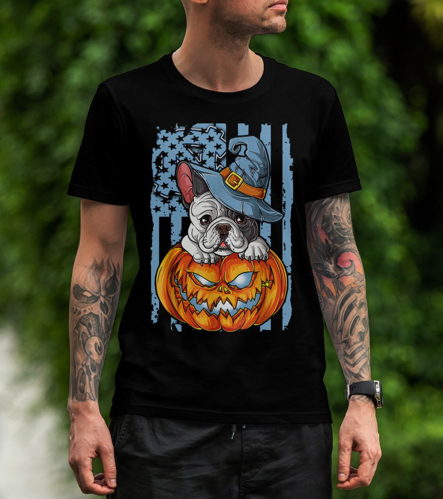Bulldog With Witch Hat On Jack-o'-Lantern North Carolina Tar Heels Halloween T-Shirt