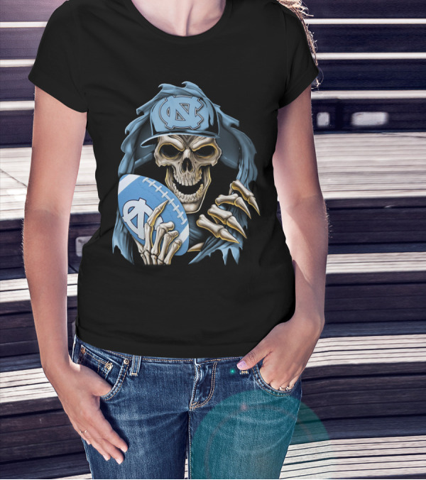 Skullbong North Carolina Tar Heels Skeleton Football Fan With Cap And Ball T-Shirt