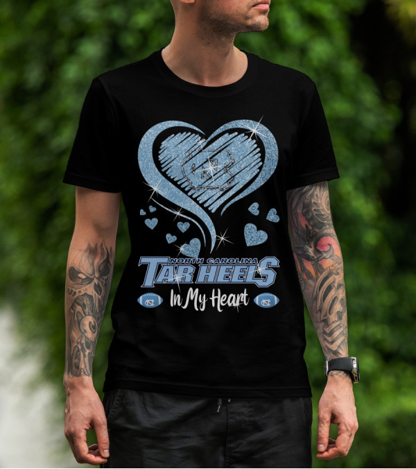 North Carolina Tar Heels In My Heart Sparkling Logo And Footballs T-Shirt