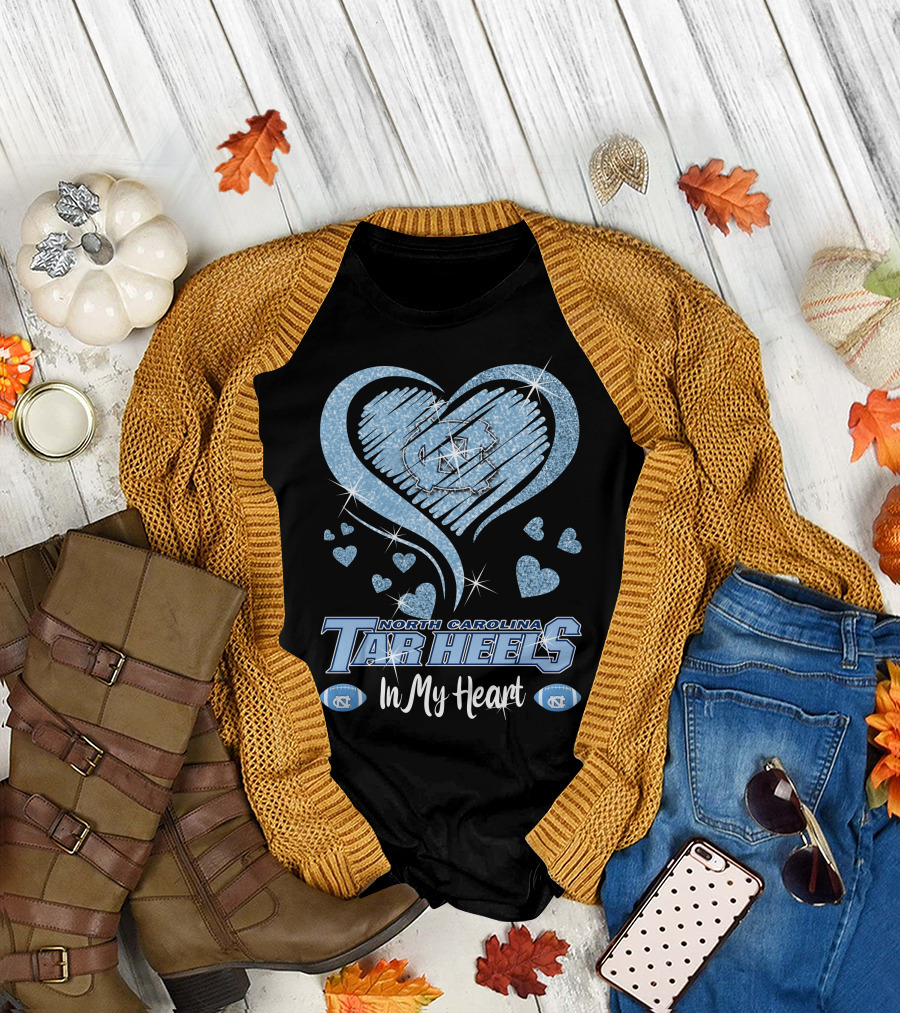 North Carolina Tar Heels In My Heart Sparkling Logo and Footballs T-Shirt