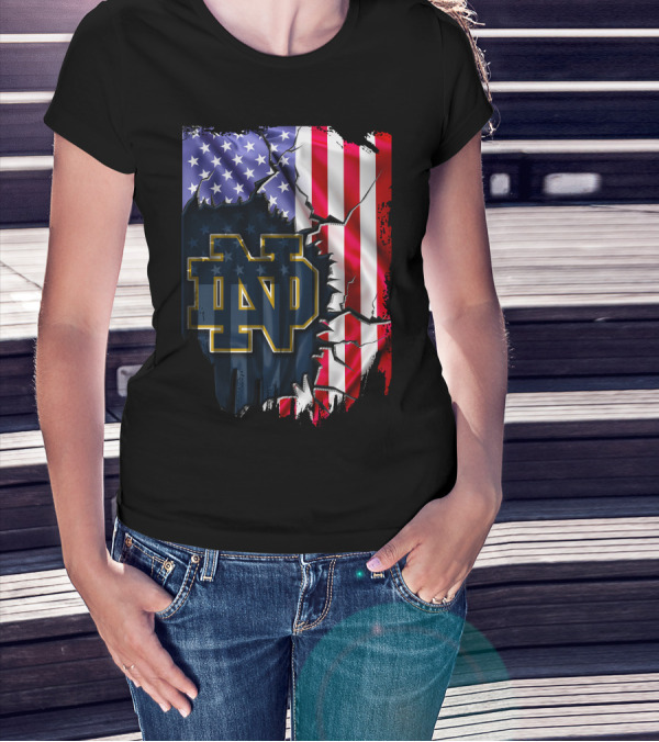 American Flag With Notre Dame ND Monogram Fighting Irish T-Shirt