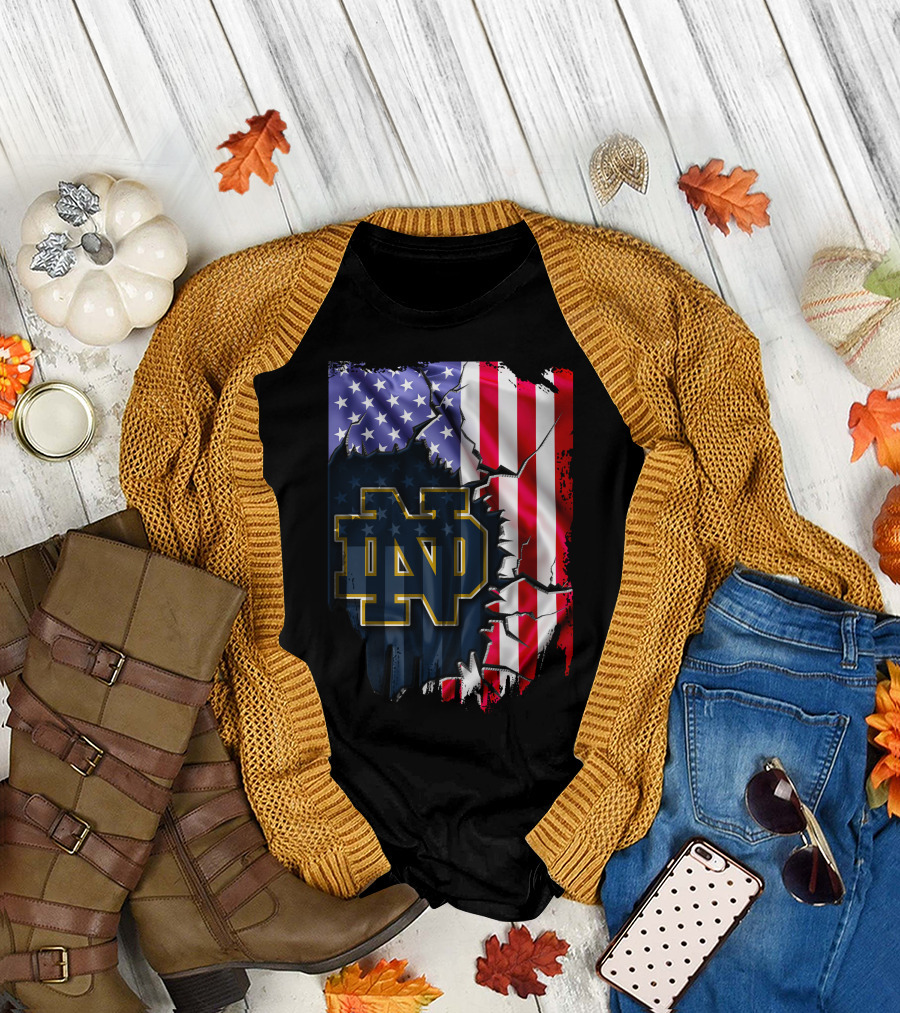 American Flag with Notre Dame ND Monogram Fighting Irish T-Shirt
